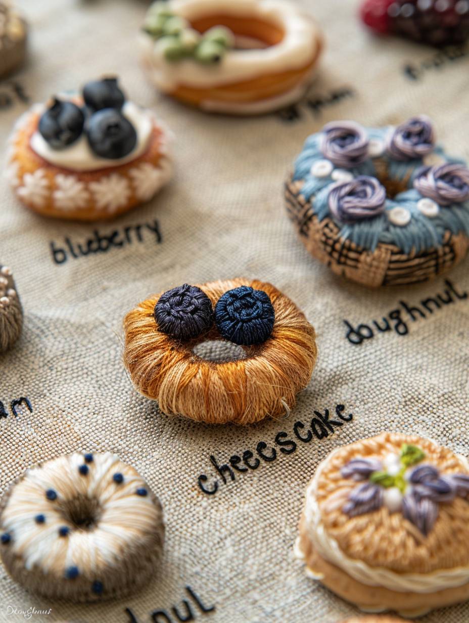 An embroidery pattern of small embroidered icons on linen fabric, featuring "blueberry jam", "doughnut" and "cheesecake". The patterns have delicate stitching details with natural colors such as beige for the background color. There is also some text in black thread underneath each icon that reads its name. A closeup shot captures intricate stitches forming various shapes like donuts or cakes, adding to their realistic appearance in the style of realistic embroidery.