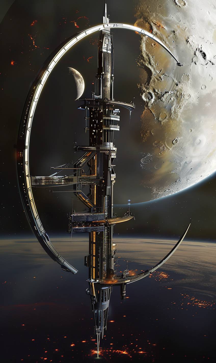 遠い月を周回する宇宙ステーション、サンチャゴ・カラトラバのスタイルで