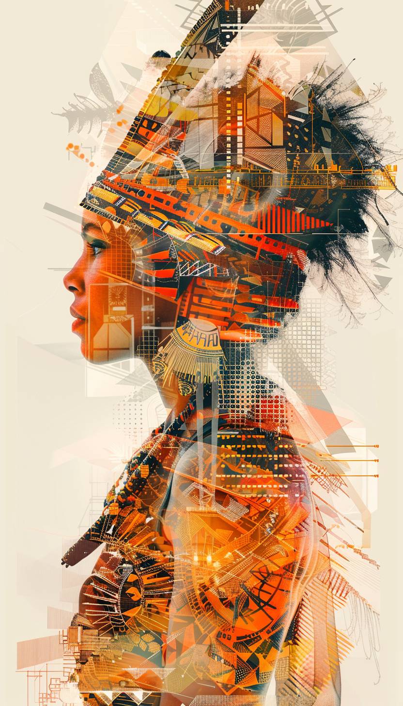 Digital art piece featuring a warrior female, blending geometric shapes and organic patterns in light orange hues and burnt orange, with dynamic glitch effect distortions for added layering and depth.