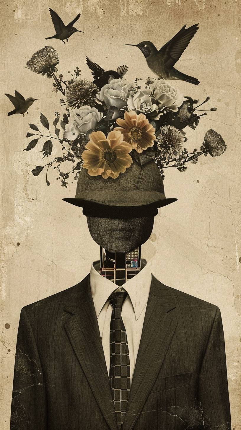 Vintage surrealism, a robot wearing a suit and tie with a hat made of flowers and birds flying around his head, mixed media collage poster art in the style of aesthetic --ar 9:16 --style raw --stylize 50 --v 6.0