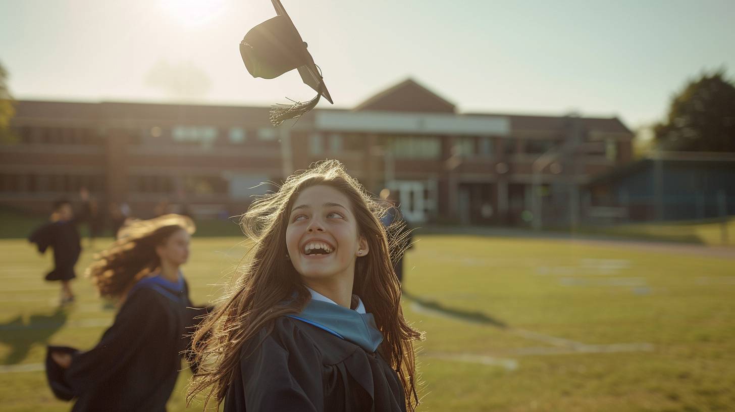 Teenage girl in a graduation gown, throwing her cap in the air. Beaming smile. Tassel flying. School grounds. Late afternoon. Other graduates, school building in the background. Long shot, capturing the full scene. Warm lighting, cap frozen mid-air. High-speed capture.