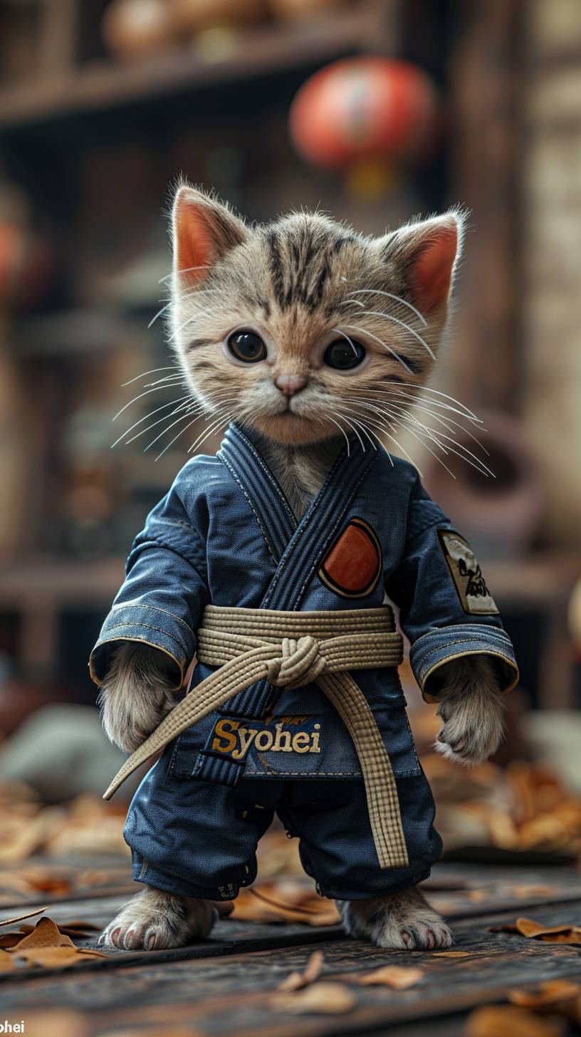 Clay animation style, a kitten wearing a judo suit is meditating in a dojo, his uniform belt says 'shohei', Unreal Engine, high quality, 16K --no text --aspect ratio 9:16 --stylize 750 --volume 6.0