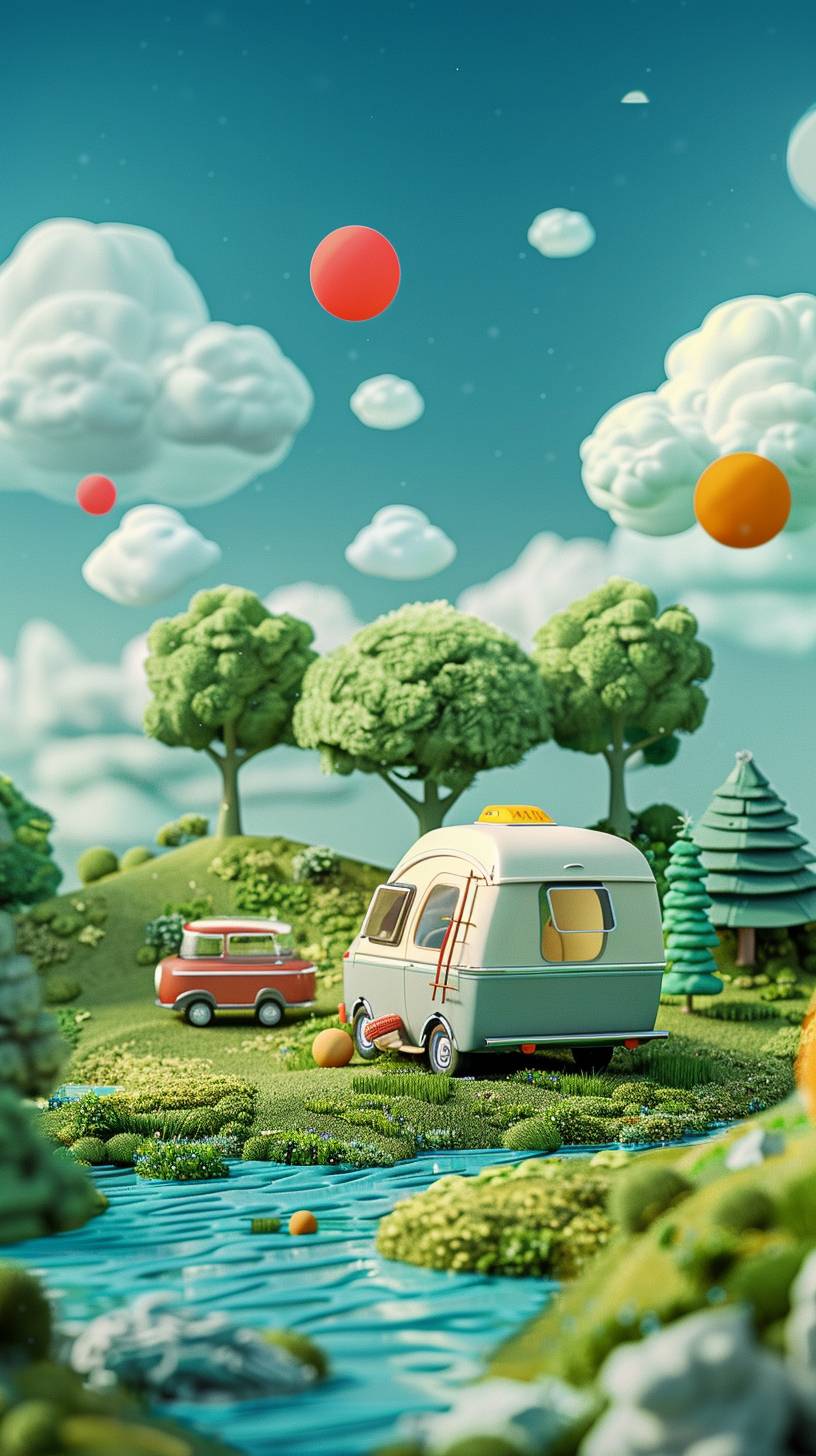 Advertisement with a trailer and a vehicle on top green grass, in the style of cute cartoonish designs, dreamlike visuals, soft sculptures, webcam, bright colors, bold shapes, coastal landscapes, capturing moments.