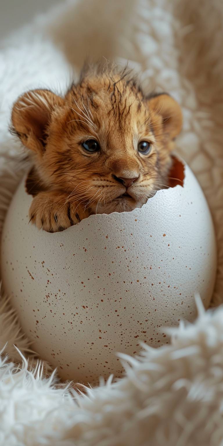 小さなライオンが卵の中からかえっています。 白い背景、32KUHD --ar 1:2 --style raw --stylize 250  --v 6.0