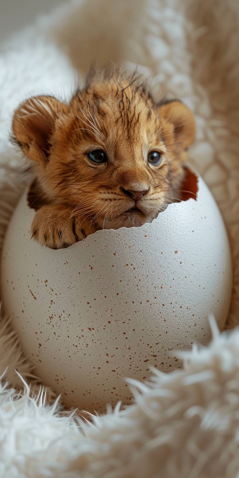 A small tiny lion is hatching from inside the egg. White background, 32KUHD --ar 1:2 --style raw --stylize 250  --v 6.0