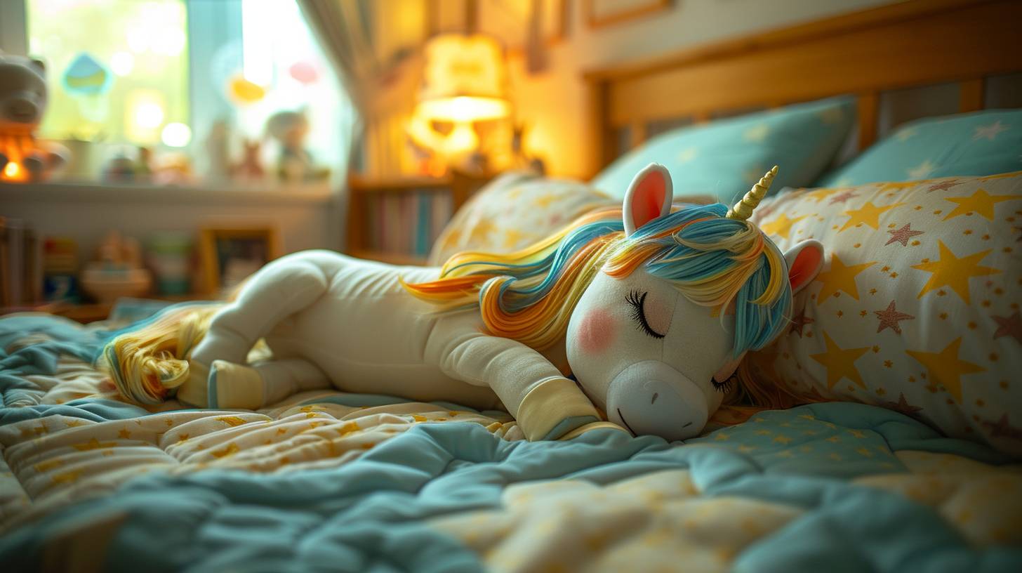 A tranquil night scene featuring a cute white unicorn with a golden mane and a rainbow horn sleeping peacefully in a cozy bedroom. The lighting is dim and soft, with no bright spots. The atmosphere is calming, with a soft nightlight providing a gentle glow. The colors are muted and warm, with plush pillows, a quilted blanket, and a moon and stars visible through the window.