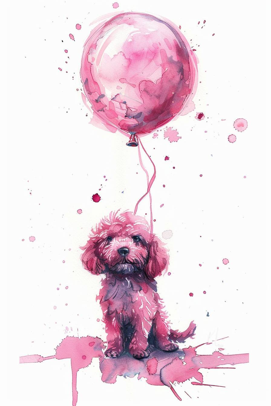 おしゃれでかわいいピンクの風船犬の水彩絵が面白い