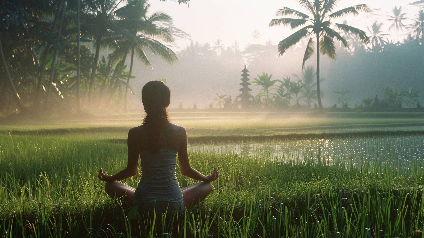 A lone woman is practicing yoga. Serenity and focus. Lotus position. Bali retreat. Dawn in 2000. Rice fields, palm trees, a distant temple. Wide shot, full body. Captured with a Canon EOS 3, Kodak Ektar 100 film. First light of the day, dew on the grass, vibrant colors.