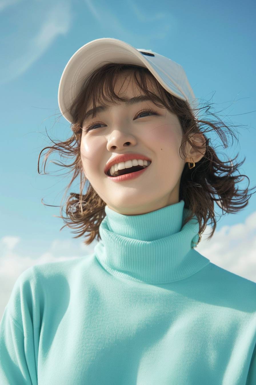 Korean golf model wearing golf wear, 26 years old, glamorous woman, smiling, beauty, background is a fashion photography studio, colorful sky blue, muted colors