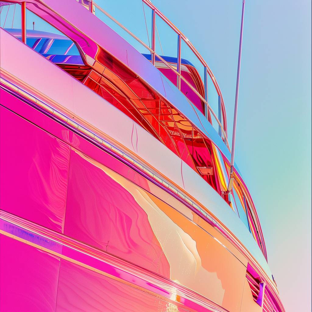 Solarized photography of a yacht in the style of Moebius, minimalism, fantasy, abstract, chromo colors