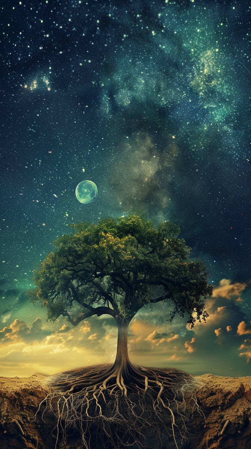 A beautiful tree growing with roots in the ground, stars and moon in the sky, spiritual