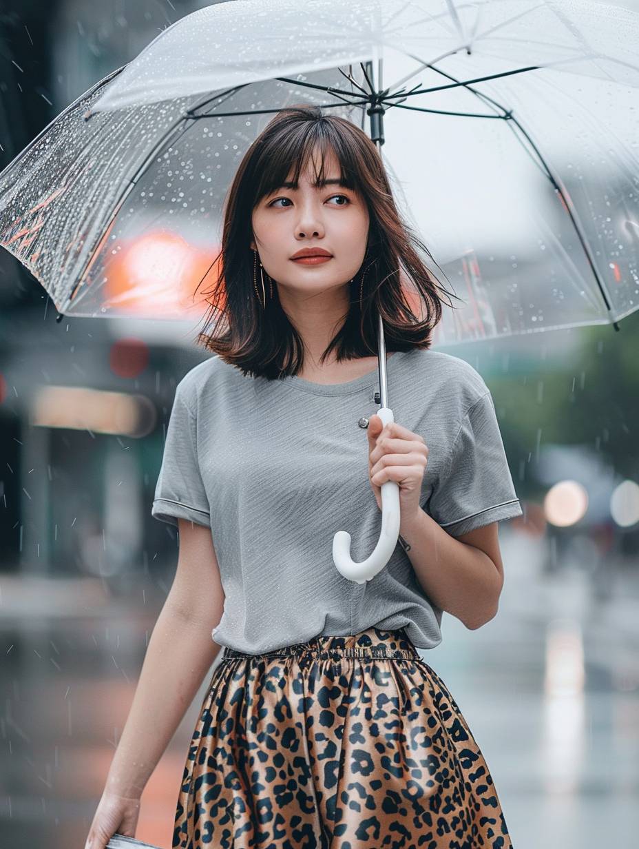 An Asian woman with shoulder-length brown hair, wearing a grey short-sleeved top and a leopard print satin skirt that falls below her knees. She is also wearing white sneakers, walking along a street while holding an umbrella. The weather is grey with light rain. Created Using: Canon EOS 5D, natural light, urban photography, bokeh effect, rule of thirds, candid street photography, depth of field, sharp focus, color correction, post-processing.