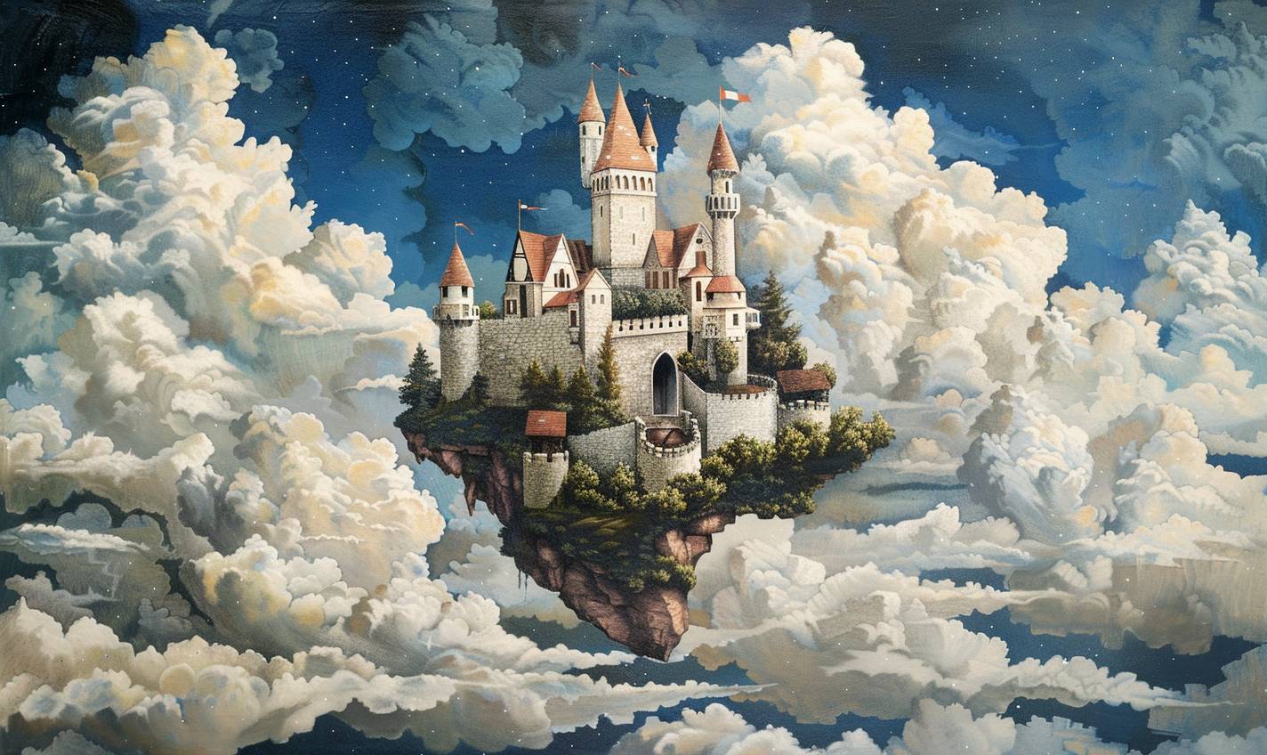 In the style of Grandma Moses, Fairy tale castle in the clouds