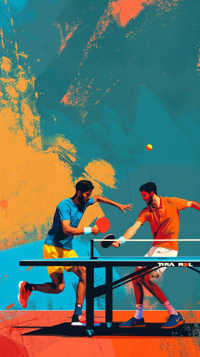 卓球をしている2人のプレーヤー。イラストスタイルはミニマリズムで、カラーブロック、ポップアートスタイルです。