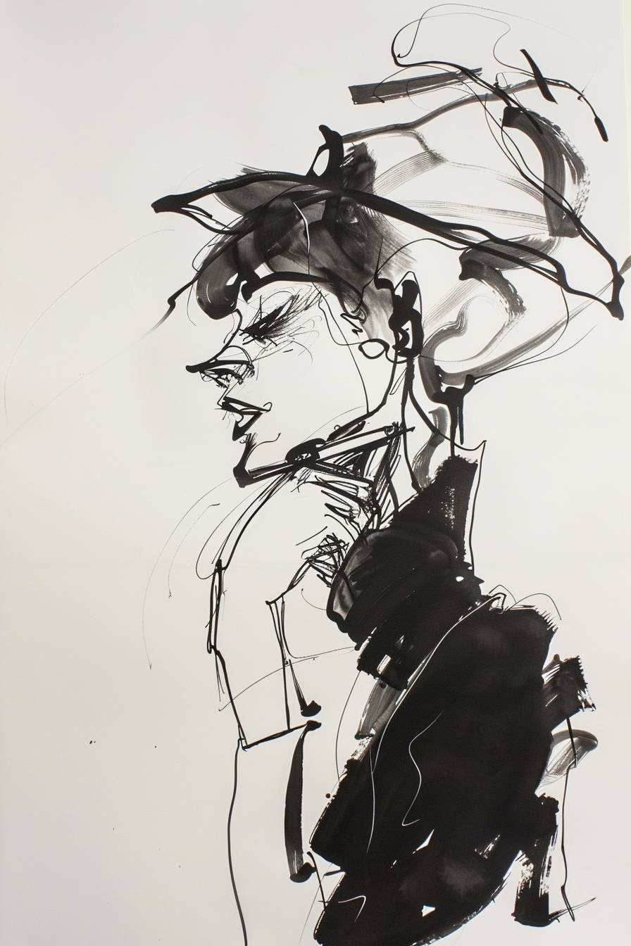 In style of Isaac Maimon, character, ink art, side view