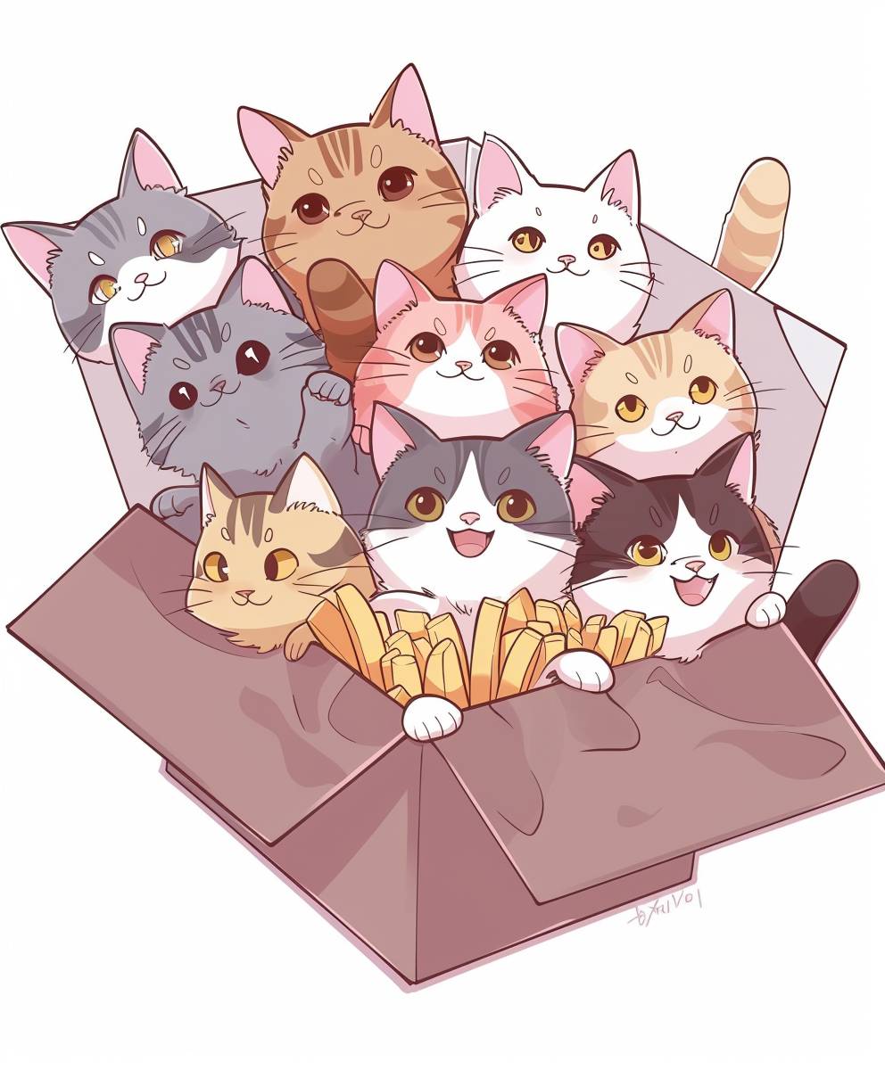 Many cute cats inside a McNuggets box, still shot, anime style, with a solid background, in the style of a shirt design.