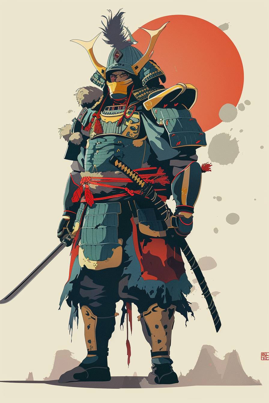 Warrior character full body flat color illustration in the style of Brian Sum