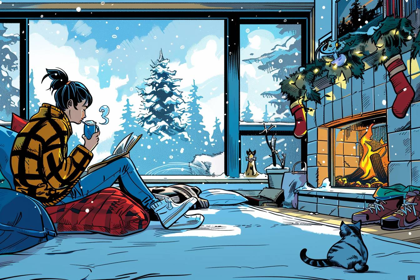 A cozy living room with a large bay window overlooking a snowy forest. There's a crackling fireplace on the right, with a plump grey cat curled up on a soft rug nearby. On the left, a woman in a knitted sweater is reading a book, while a man in a flannel shirt is pouring two mugs of steaming hot cocoa. The room is decorated with twinkling fairy lights and fragrant pine wreaths, creating a warm and inviting atmosphere. In the style of watercolor painting.