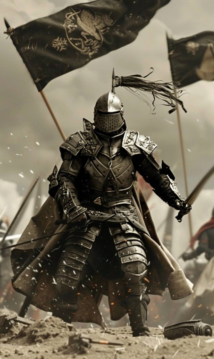 A heroic knight in shining armor, standing on a battlefield at dawn, banners flying, determined expression, epic fantasy scene
