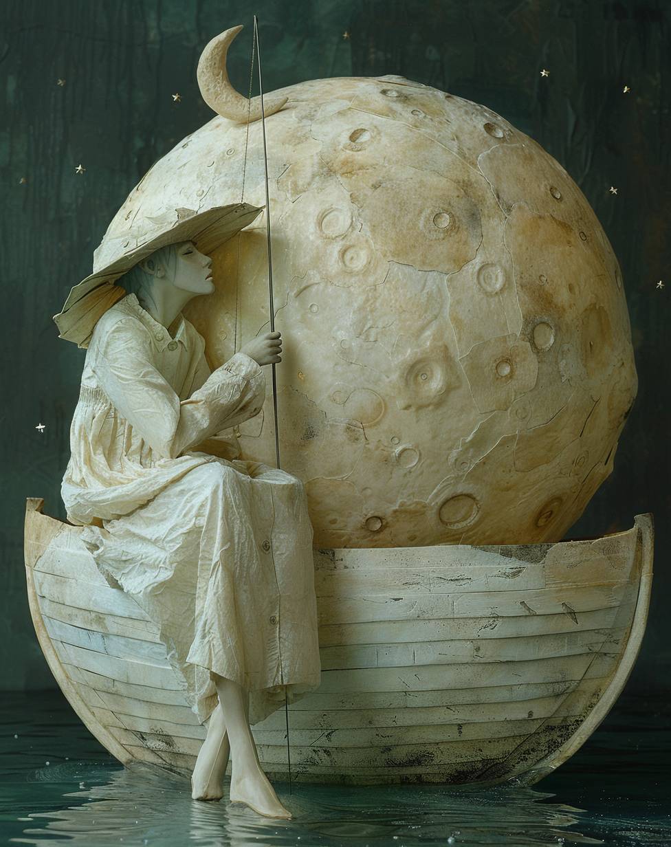 A photo in the style of Mark Ryden, featuring a man sitting in an origami boat, holding the moon on his head with one hand and fishing for stars with another hand.