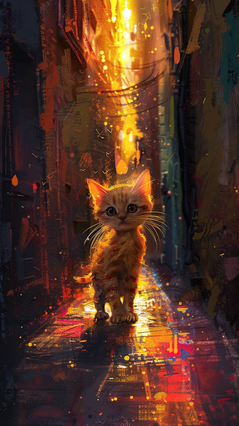 Pixarスタイルの子供向けイラスト、内気な表情をした小さくて貴重な茶色の子猫が大都市の路地に。日没、カラフル
