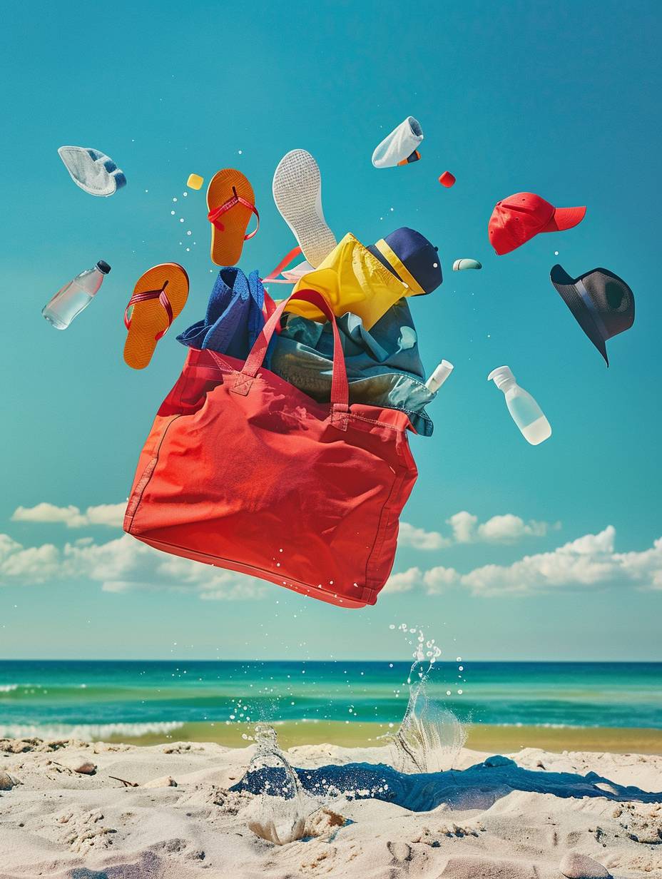 広告写真、ビーチにあるバッグ、バッグの中身が全てバッグの上から浮き出ている、日焼け止め、ビーチサンダル、野球帽、タオル、水筒、明るくてポップな色