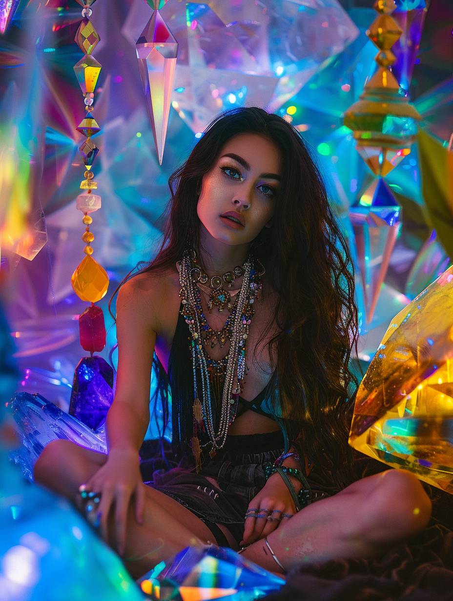 A beautiful woman is surrounded by glowing geometric crystals. She is wearing an oversized black top and shorts, along with necklaces. She has long dark brown wavy hair and beaded bracelets on her hands. The setting is realistic with studio lighting. She sits in a psychedelic room full of colorful elements.