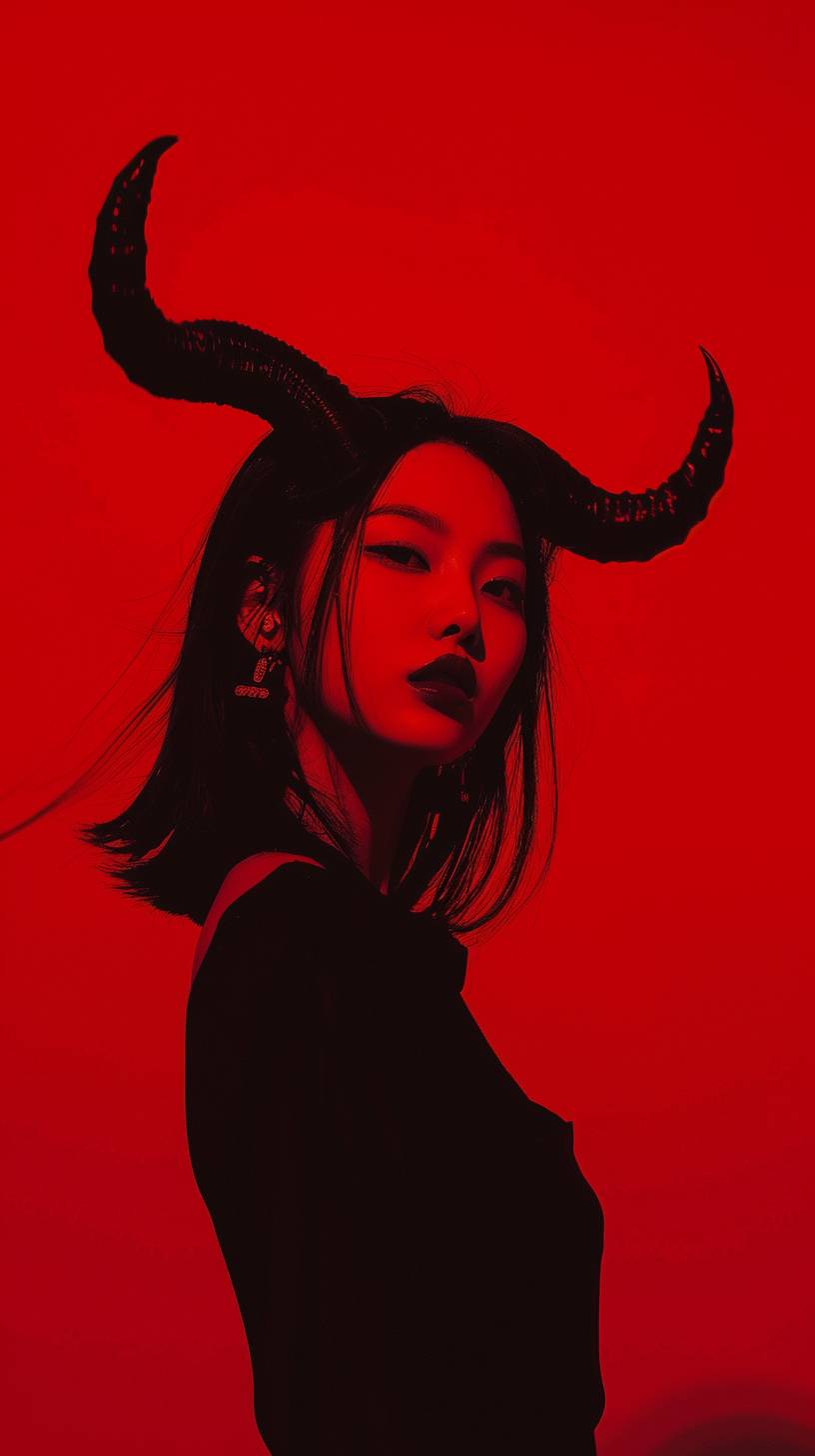 A Korean beautiful idol with horns and beautiful face, in a black outfit in the style of James Jean, against a flat red background, with cinematic lighting, in a minimalistic design, with dark contrast