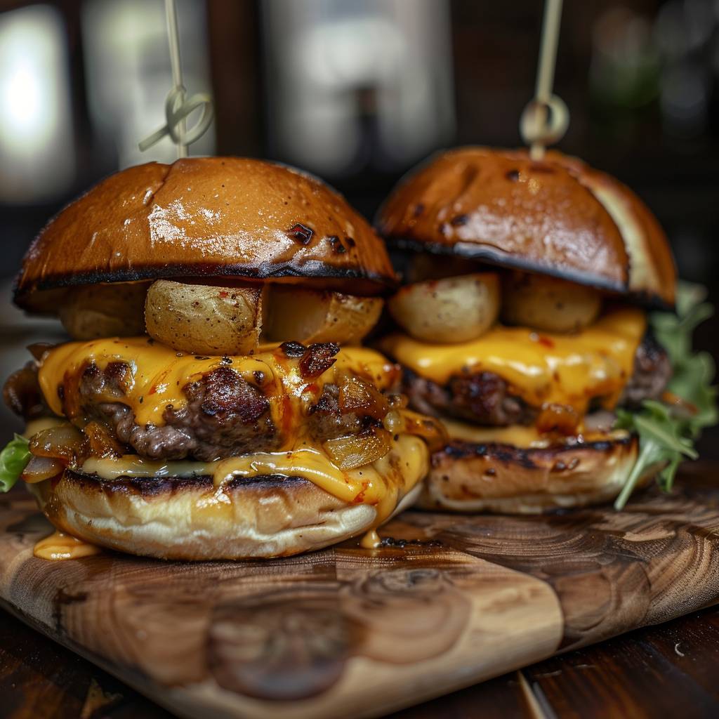 Two burgers with cheese and potatoes, in the style of Nikon S5 Mark 4 camera and 24-70mm lens f7 ISO 350