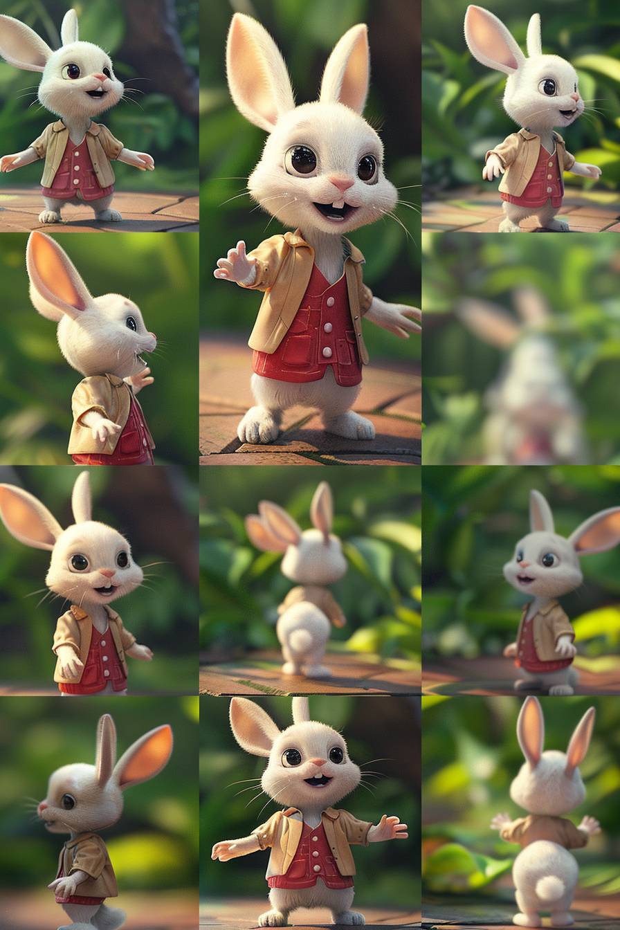 Cartoon 3D image, an anthropomorphic cute little white rabbit wearing clothes, with the background of a jungle, divided into 9 different images, shot from multiple angles, 3D, Unreal Engine