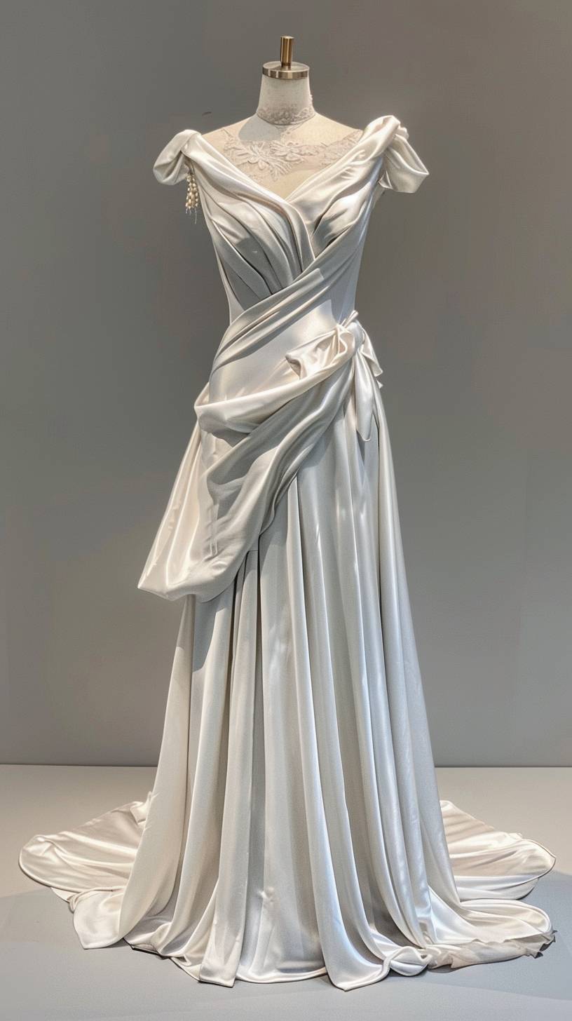 A wedding dress from the 2100 Vogue catalogue. The realistic dress is made of satin and inspired by Greek goddesses, while maintaining a modern touch. The dress is on display.