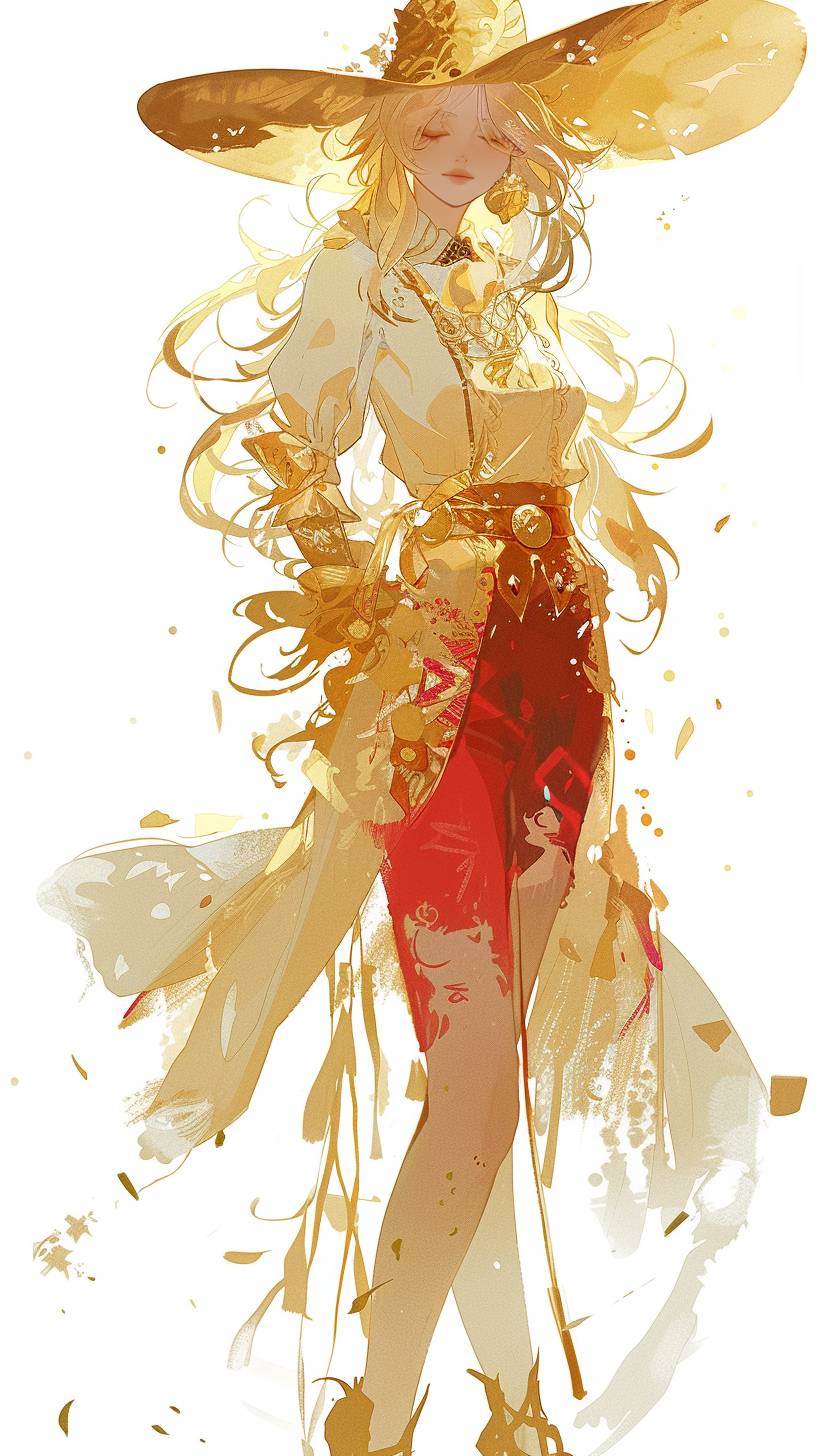 A beautiful anime cartoon character, walking gracefully, wearing a stylish hat, in a fairytale setting, in the style of anime illustration, gold and red, white background