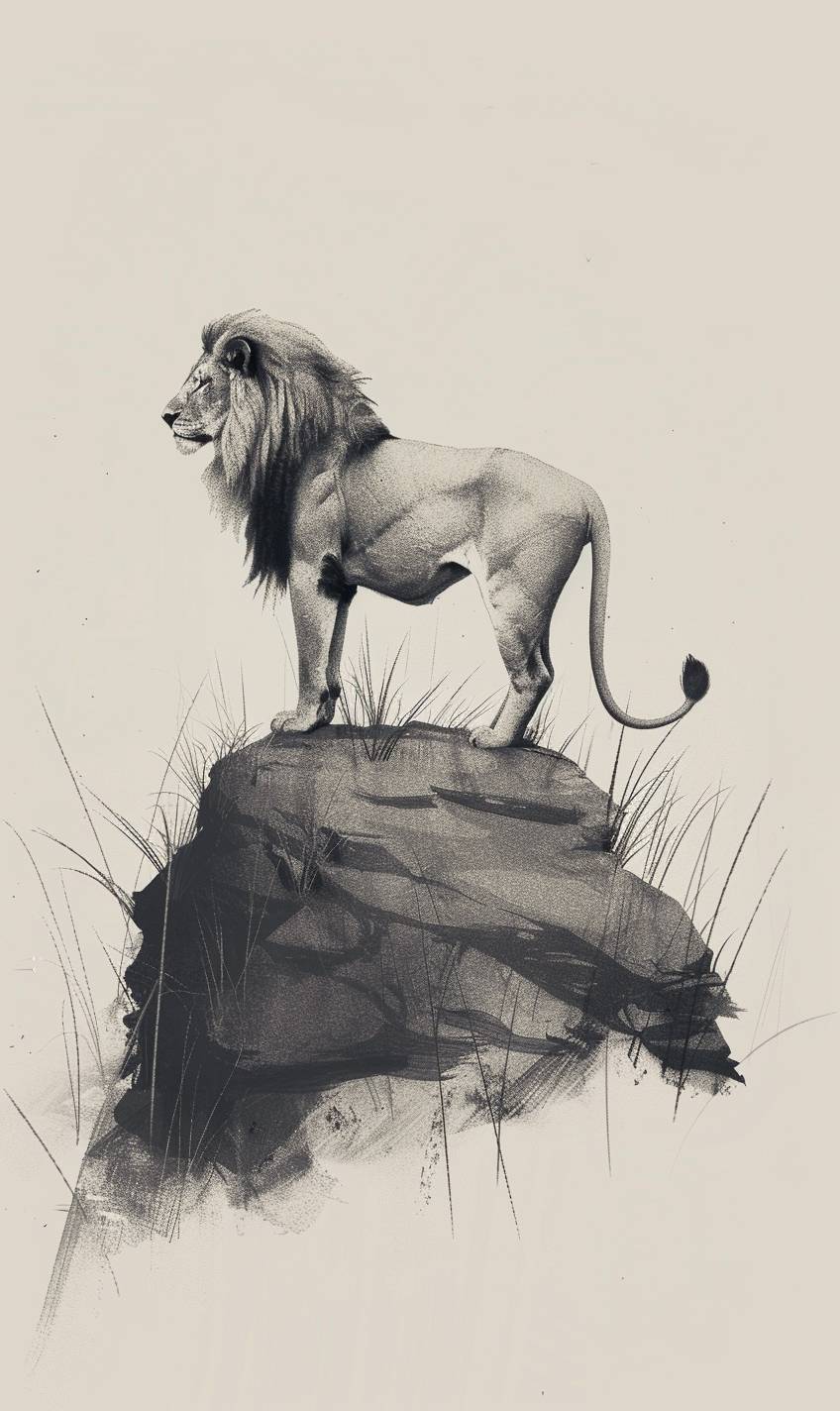 Majestic lion standing on a rocky outcrop, overlooking the savannah at sunrise, golden light casting long shadows, realistic fur details