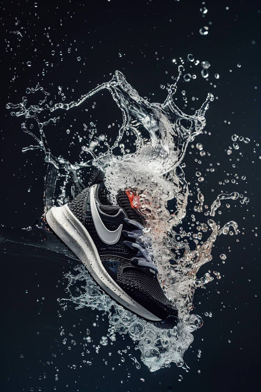 A stylish sneaker floating mid-air with a dynamic water splash around it, showcasing the shoe’s design and details, Professional product photography