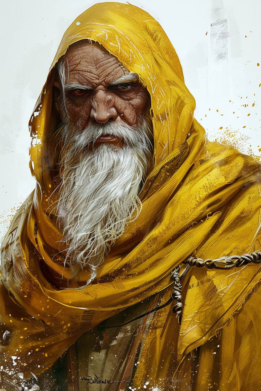Roguelike DND, bearded old monk cleric, portrait by Alan Smith, white background, gigantic scale, handsome, adventurecore, Die Brücke, white and amber and yellow and azure, Steve Youll, Miyazaki, --ar 2:3  --v 6.0