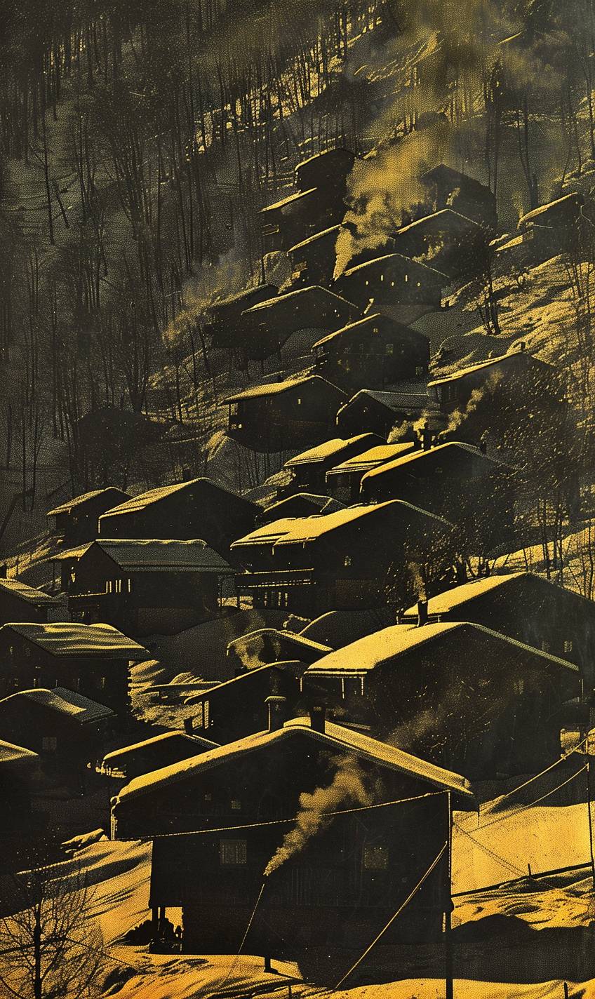 Snow-covered mountain village during winter, cozy wooden houses, smoke rising from chimneys, soft twilight casting a magical glow