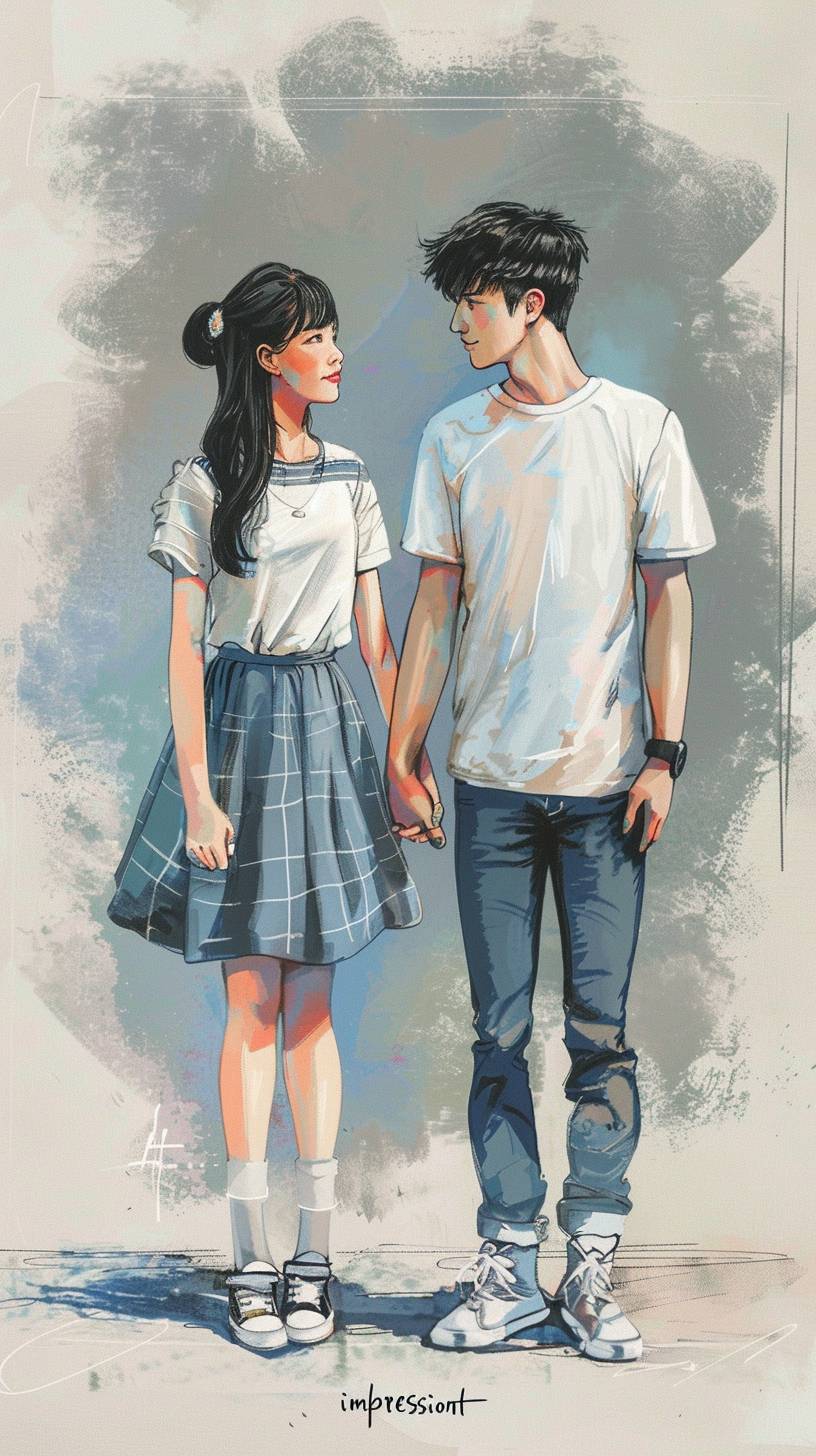 A young man and woman holding hands in a cute, simple illustration done in the style of Japanese anime. The colored pencil drawing has a soft color palette with a grey background and shows the full bodies of the subjects. It is done in an 'impressionist' style with high quality, high resolution, and high details. The art has high contrast, contour lighting, shadows, and a depth of field reminiscent of artstation trends. It has a sharp focus and is a 2D illustration with high detail, high resolution, and high definition.