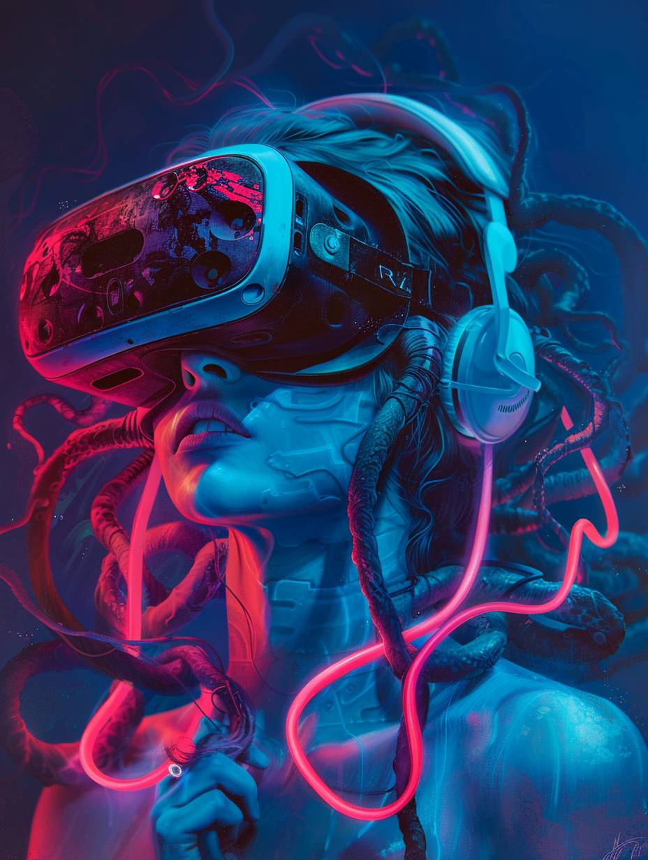 Medusa wearing a VR headset and headphones, Rave