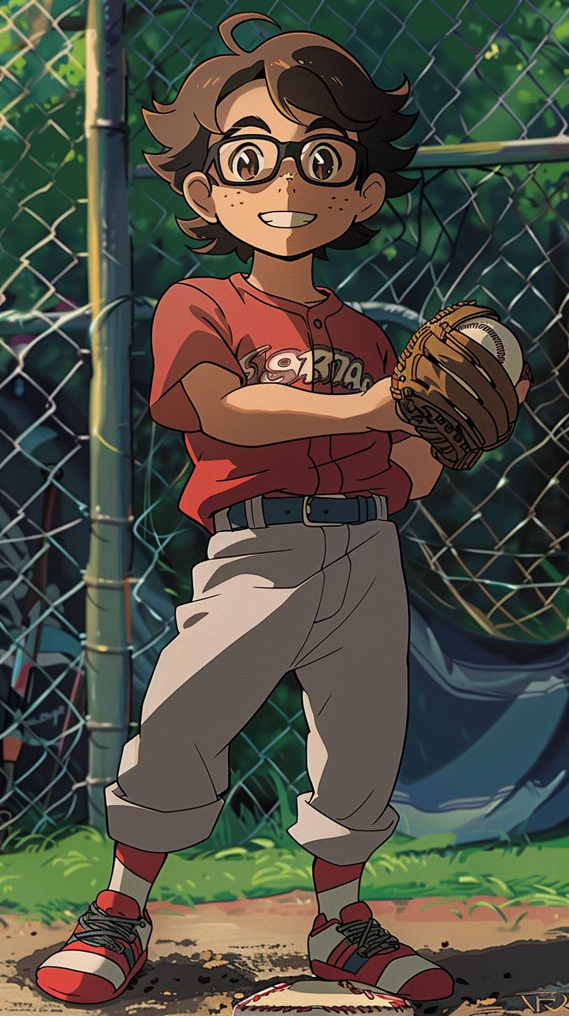 スタジオジブリによる、棕色で巻いたカールヘアのコンボバー、メガネをかけた棒球の制服を着た10歳男の子が微笑んでいるイラスト。レッドのシャツ、グレーのズボン、赤いレースのグレーカラーのスパイクを履いている。バックグラウンドにはチェーンリンクフェンスと野球場が描かれている。