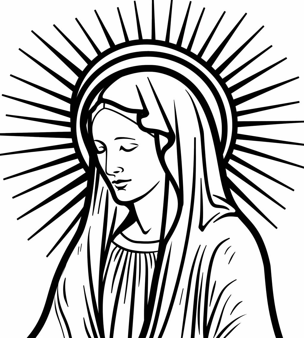 黒と白の線画、中央には太陽の後ろにメアリーが描かれているクリップアート、シンプルなデザイン、太い線、白い背景、アイコンスタイル