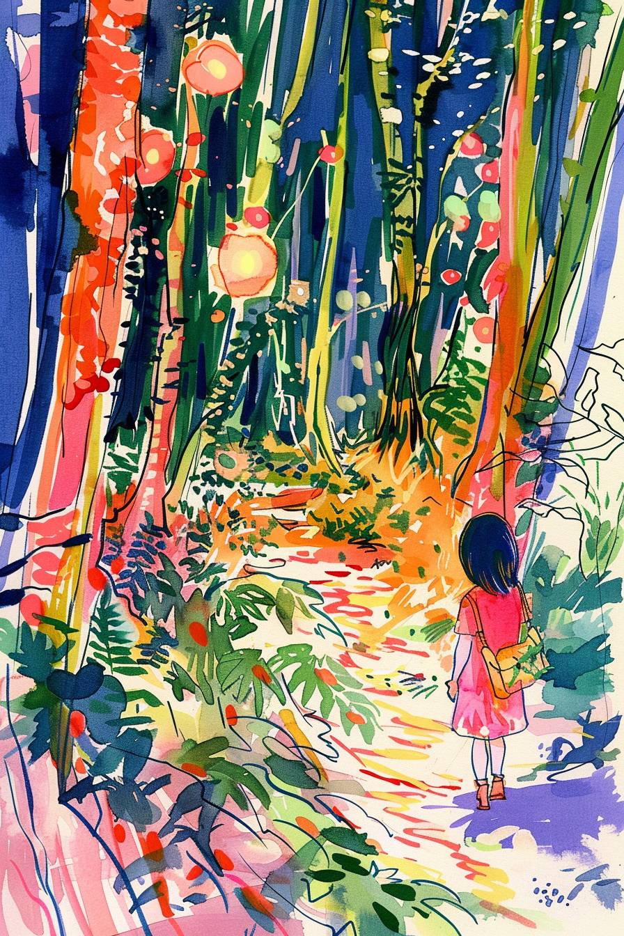 A young girl exploring an enchanted forest, surrounded by glowing plants and mythical creatures, with soft moonlight creating an ethereal atmosphere