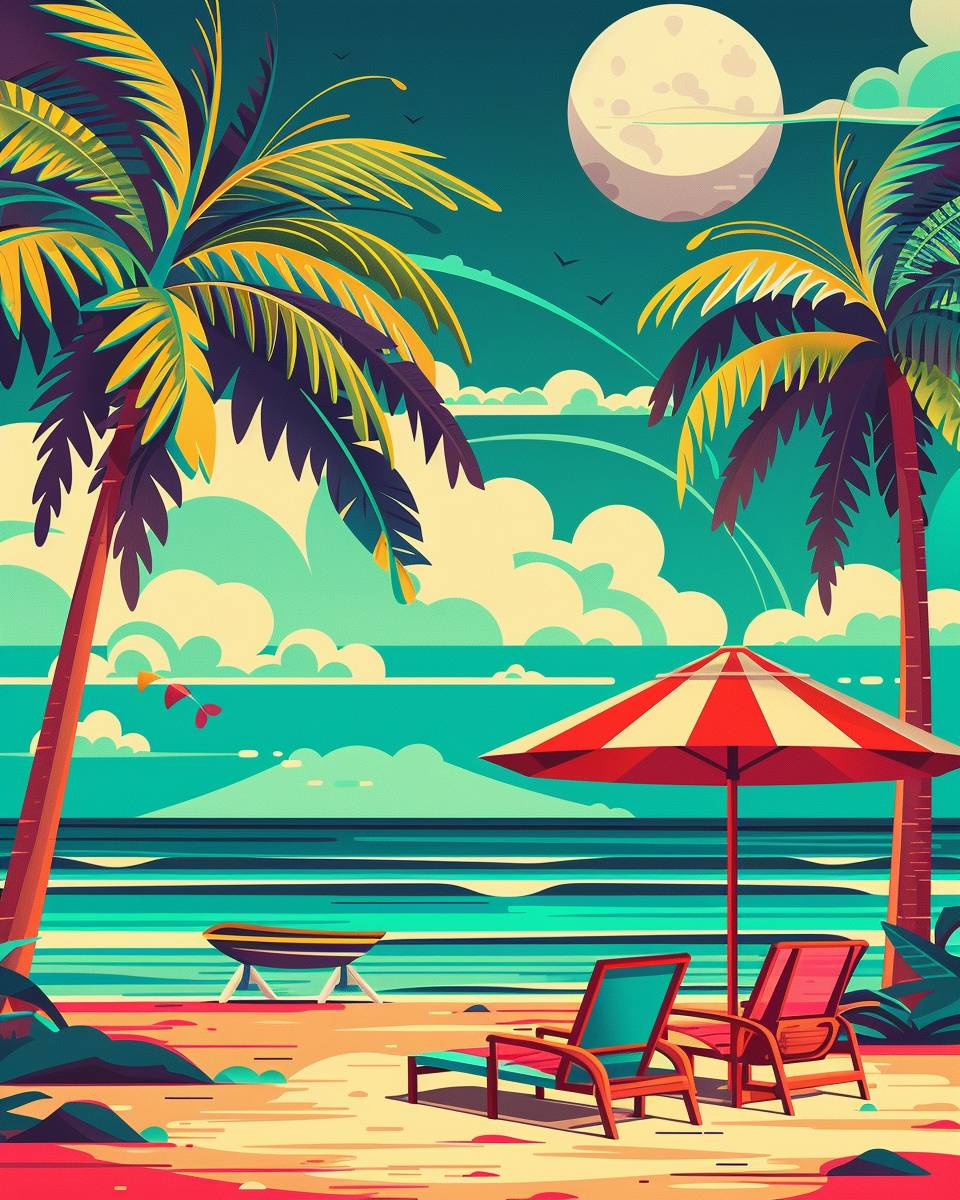 Minimal art of cartoon beach vector design free for, in the style of McDonaldpunk, precisionist art, animated gifs, intricately detailed, pink and aquamarine, the stars art group (xing xing), trenchcore