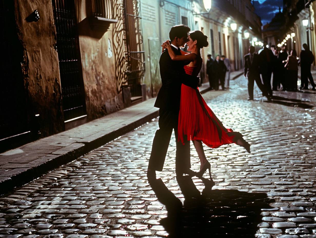 カップルがタンゴを踊っています。集中された視線。赤いドレスと黒いスーツ。ブエノスアイレスの通り。1985年の夜。石畳の道、観客、古い建物。中景、全身。キヤノンAE-1で撮影、イルフォードHP5 Plusフィルム使用。街灯が長い影を投げ、ドレスの生地がツイスティング中に捉えられています。