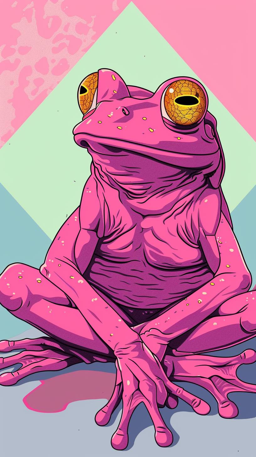 Pink Pepe the frog in a posture we want you, 90s commercial, liminal spaces, Neo Geo, neo-geometric, Memphis design