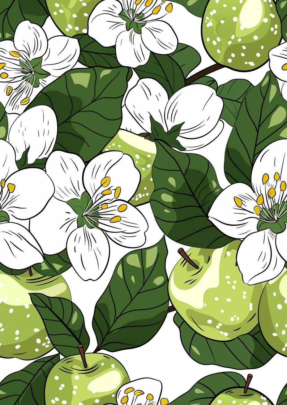 Coloring book page, white apple flowers and beautiful green apples