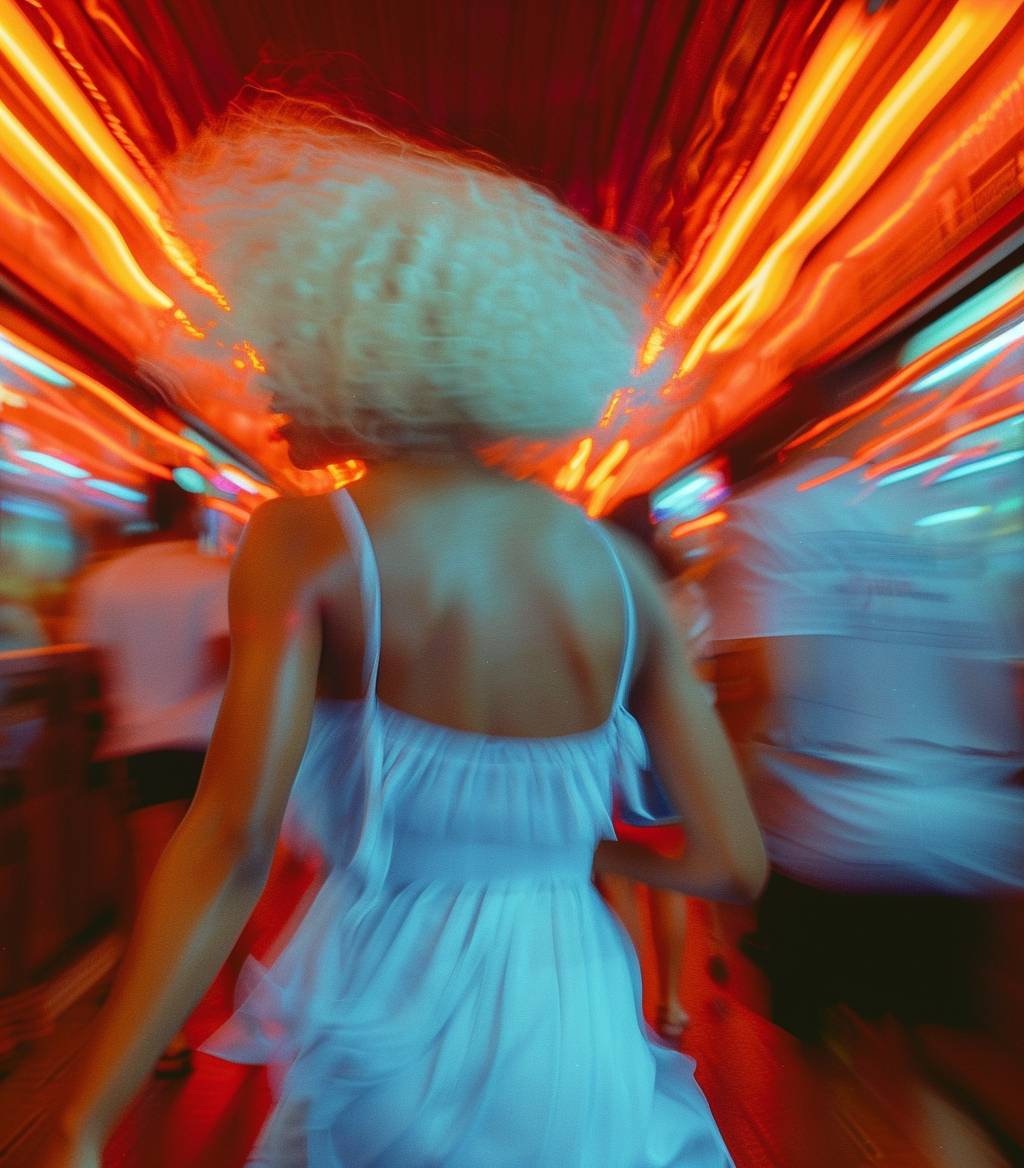 Photograph of a black woman with white hair, running seen from behind, wearing a blue and white dress, moving through a subway station filled with people, lit by red and orange neon lights, with motion blur creating an 80s atmosphere, retro vintage look with grainy film effect, captured with a wide angle using a Fujifilm X100F camera.