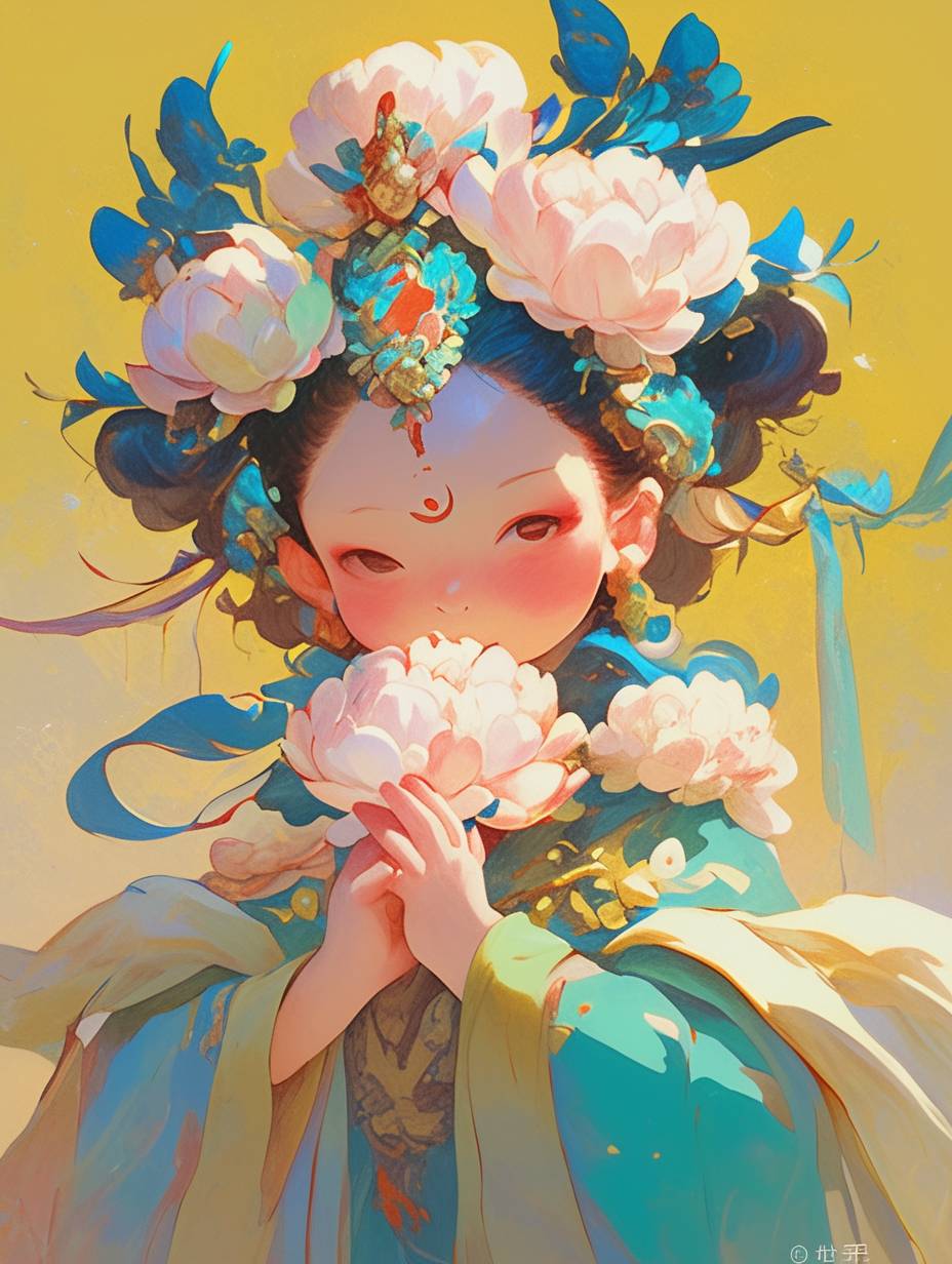 Tang Dynasty girl, the cute cartoon vector, chubby face with baby fat, peony headdress, soft lighting creating a dreamy atmosphere, turquoise green and light yellow, Dunhuang costume, showcasing the charm of traditional Chinese culture.