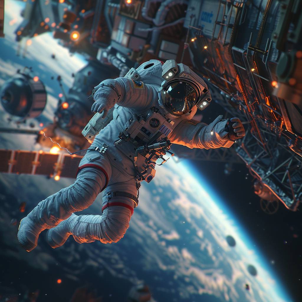 宇宙飛行士が巨大な宇宙ステーションの近くを漂っており、背景には地球の曲率が見え、鮮やかな地球の輝き、複雑な機器の詳細、宇宙の深さがあり、写実的なサイファイブロックバスタースタイル
