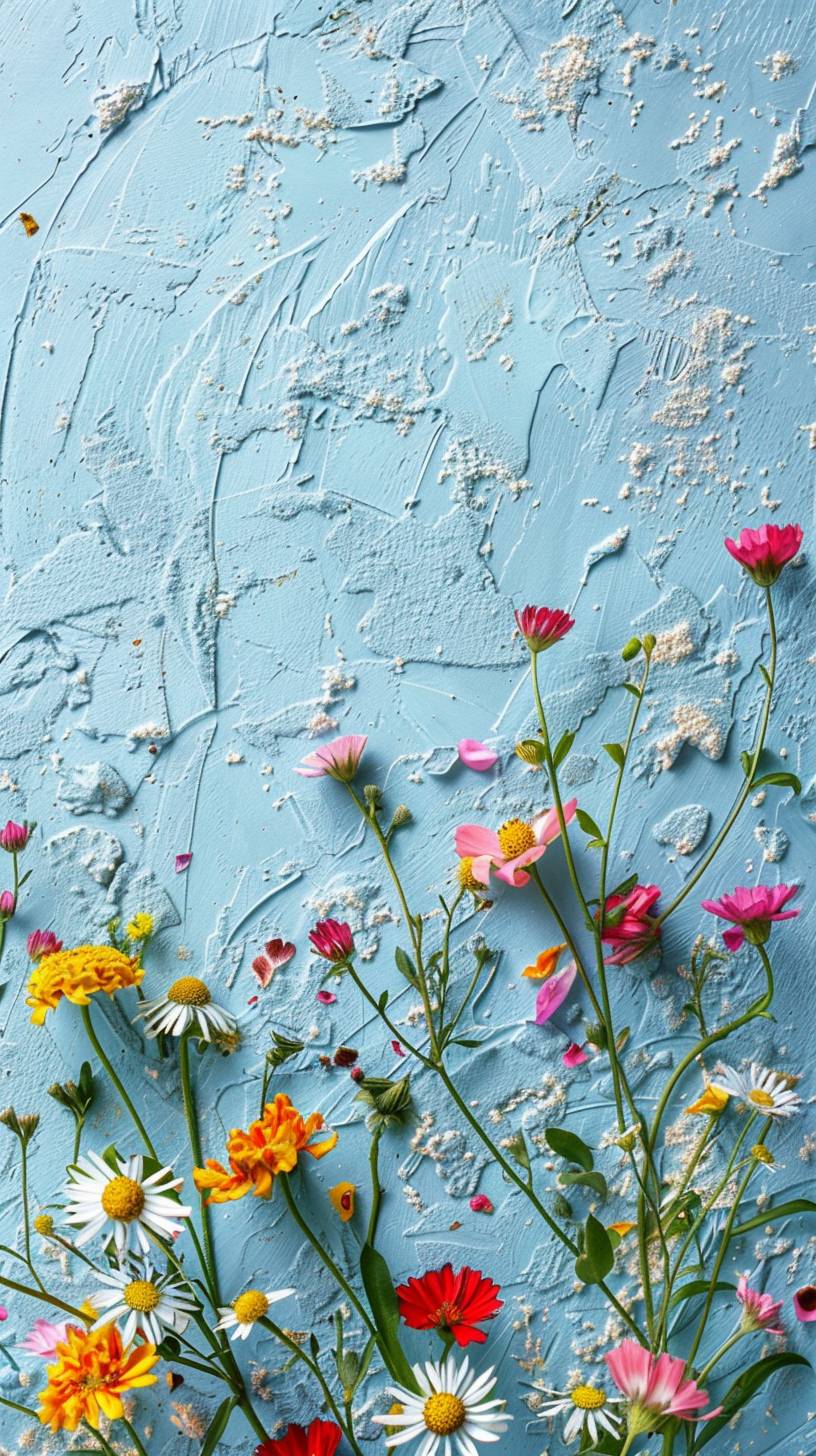 A minimalist ring of bright colored wildflowers. They are laying on a highly textured surface in shades of pastel blue. Cinematic lighting. Ultrarealistic