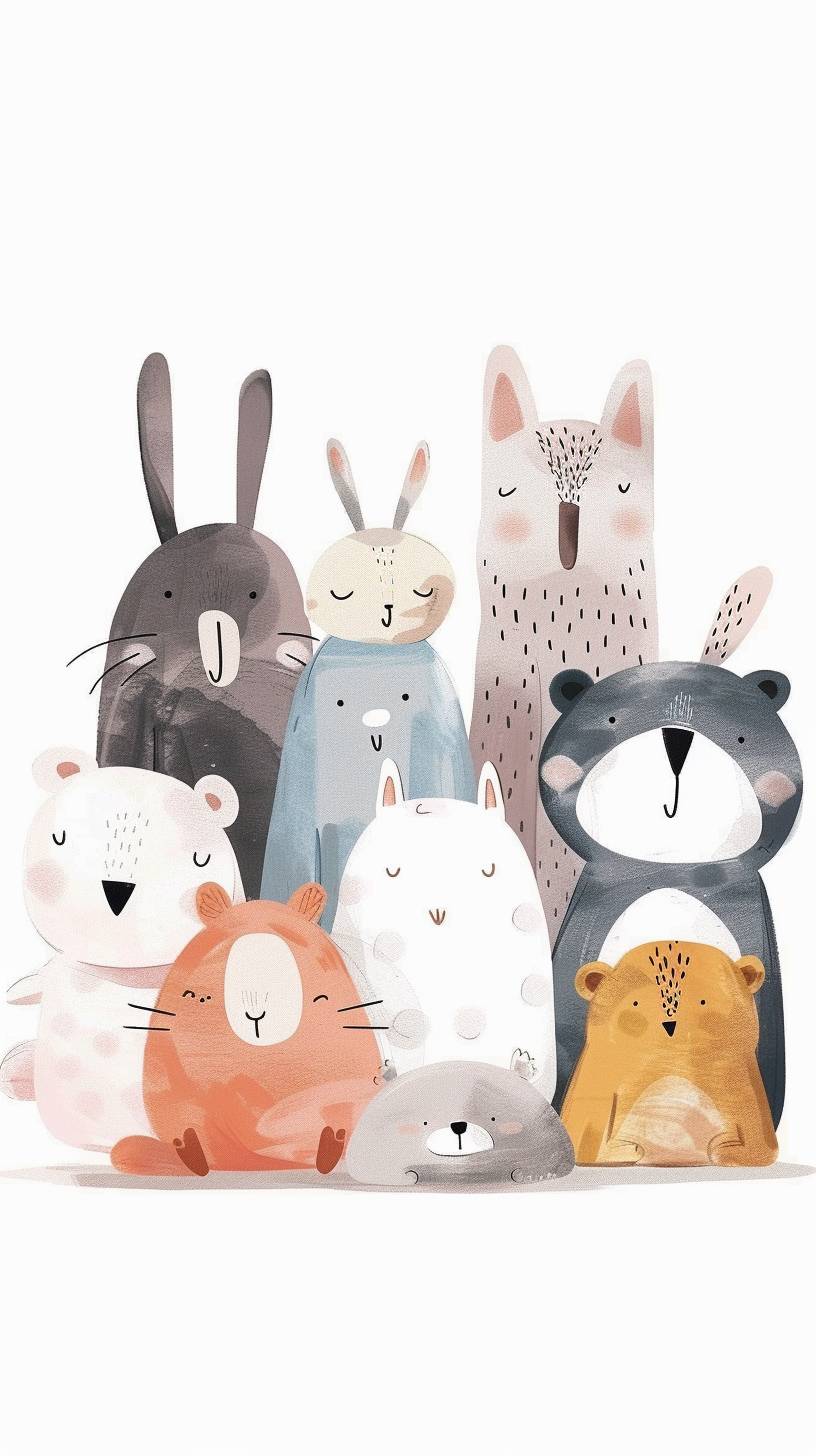 Cute animal cliparts, organic forms, in the style of Jon Klassen, desaturated light and airy pastel color palette, nursery art, white background